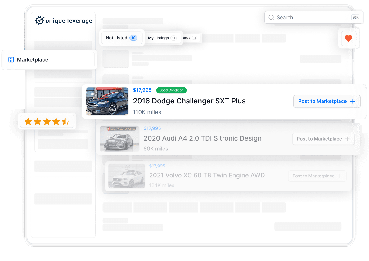 Unique Leverage Marketplace dashboard with vehicle listings and one-click posting
